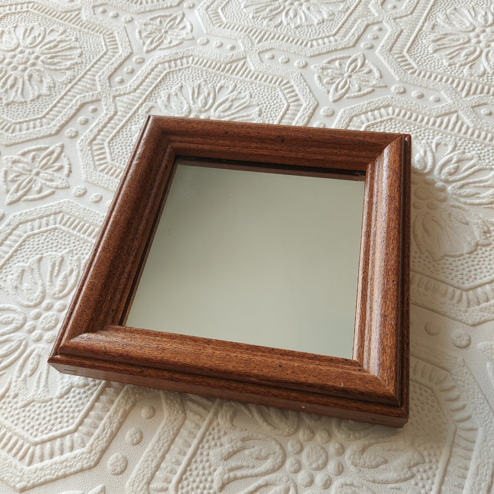 Small Square Wood Frame Wall Mirror 5.25" Brown Tiered Frame Decor